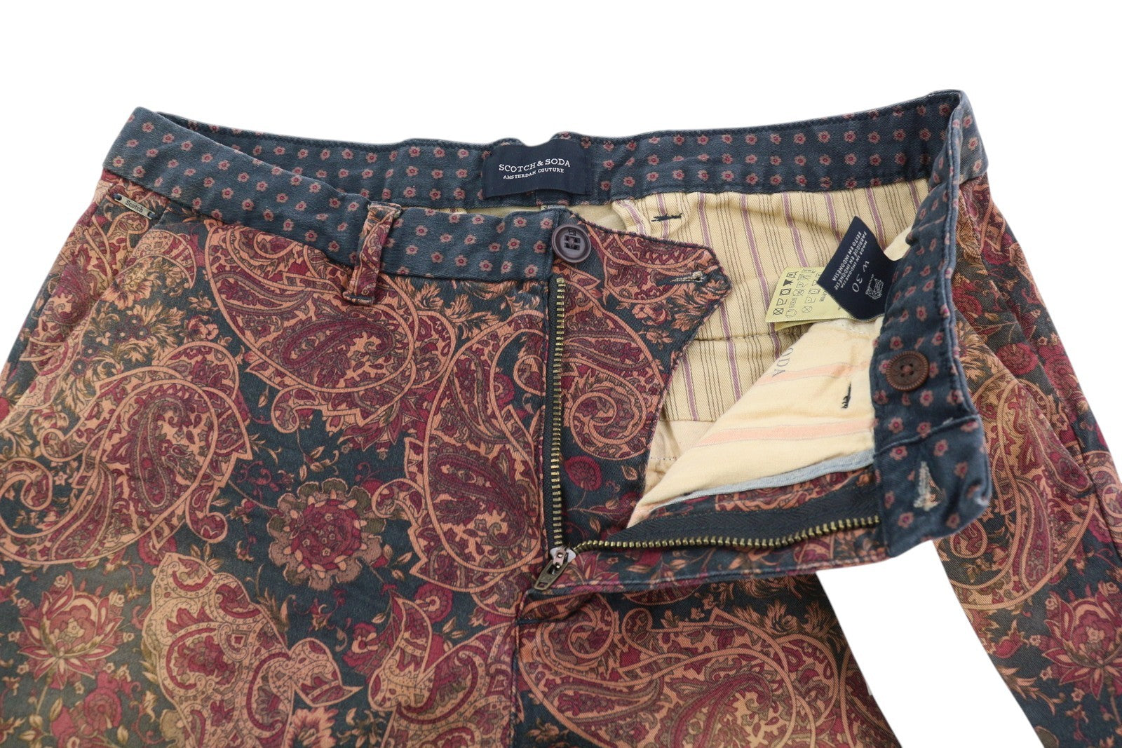 SCOTCH & SODA Men's Shorts W30 Brown Paisley Print Chino Zipper Casual