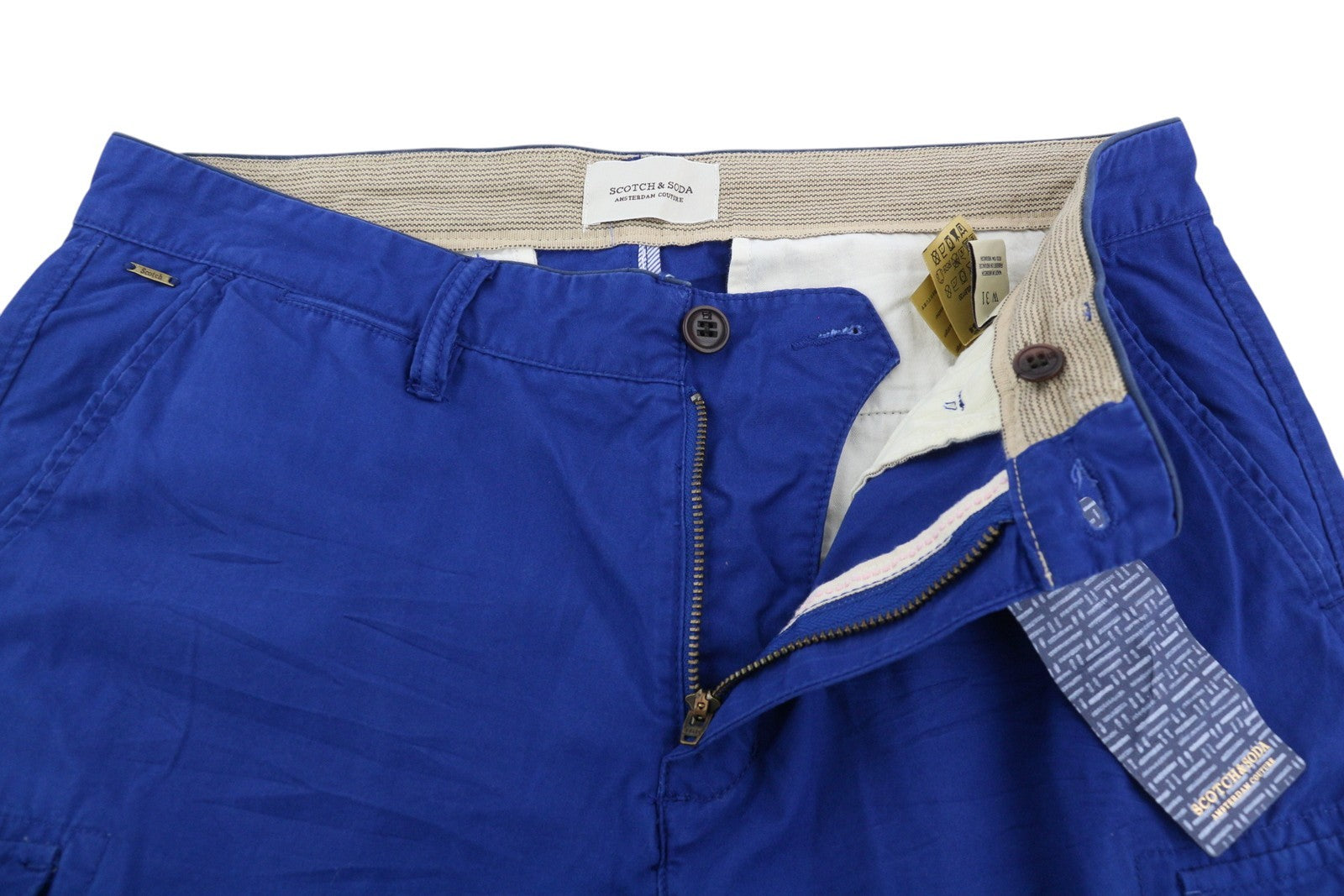 SCOTCH & SODA Men's Shorts W31 Blue Cargo Zip Fly Logo Pocket Casual