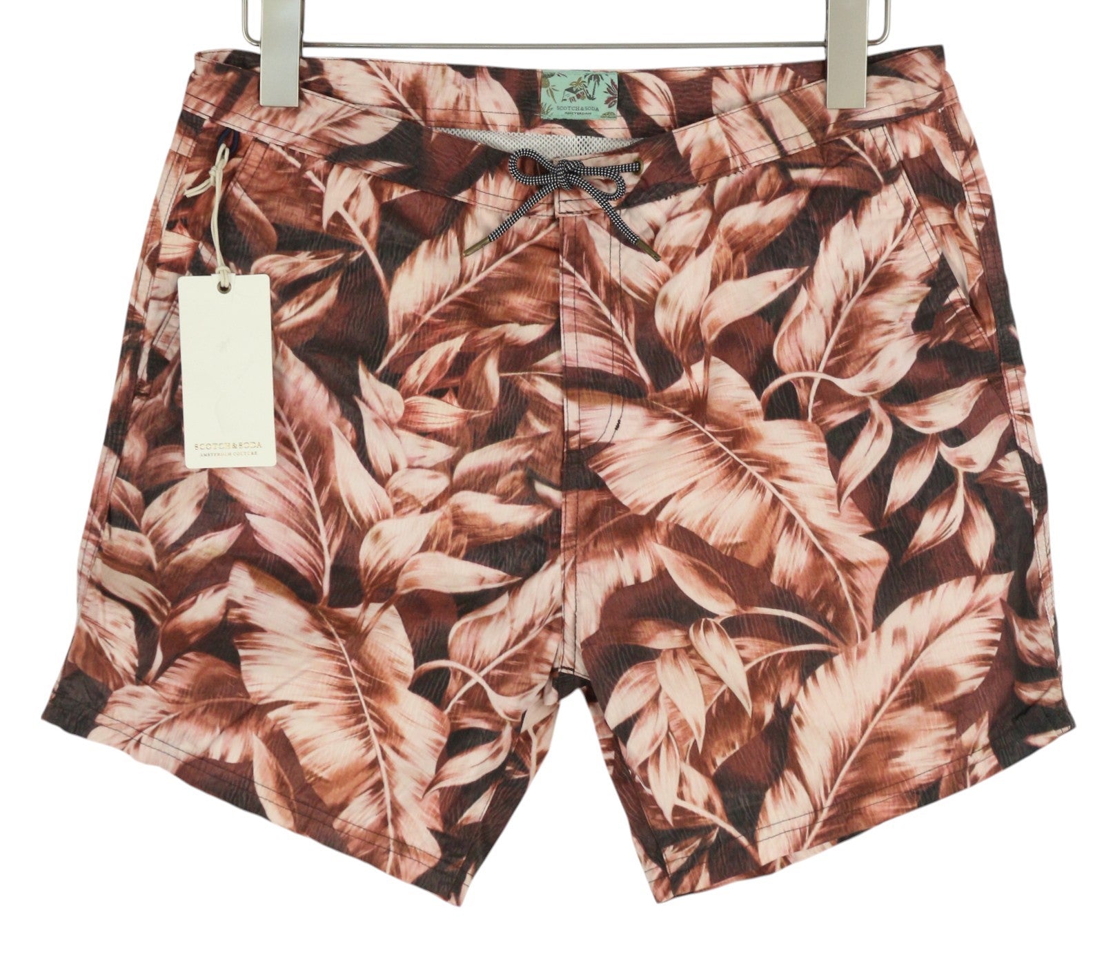 SCOTCH & SODA Men's Swimwear S Purple Leaf Pattern Zip Closure Waist Tie