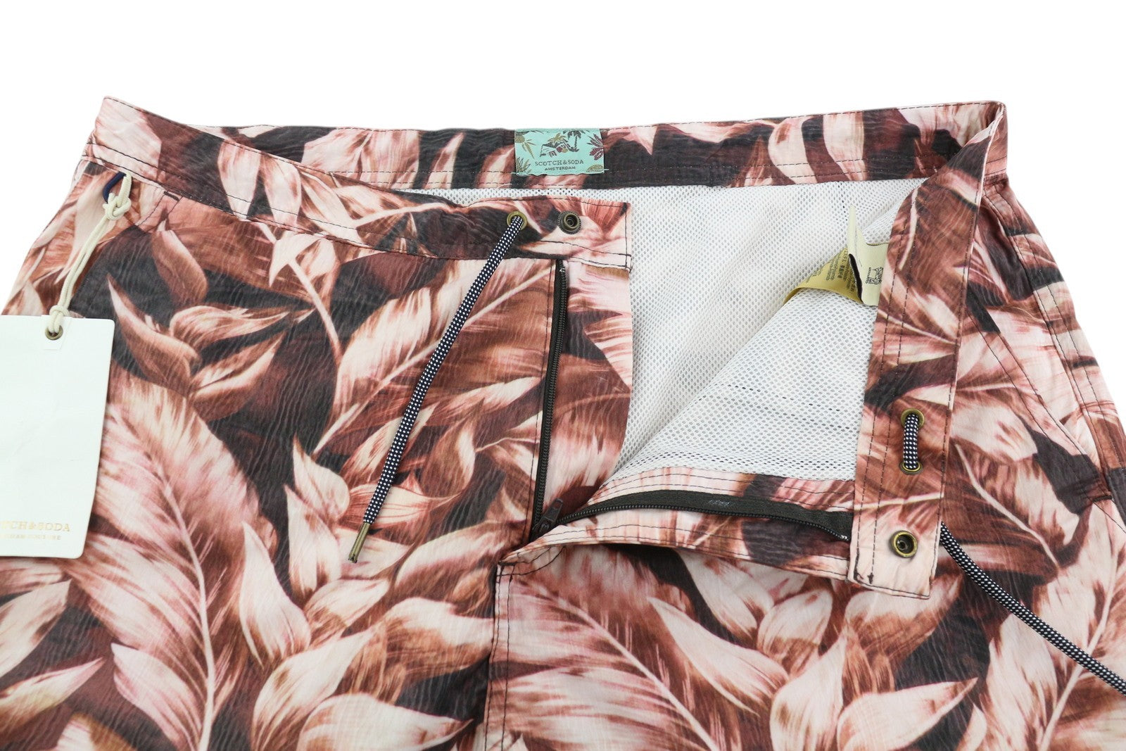 SCOTCH & SODA Men's Swim Shorts L Purple Leaf Print Zip Fly Drawstring