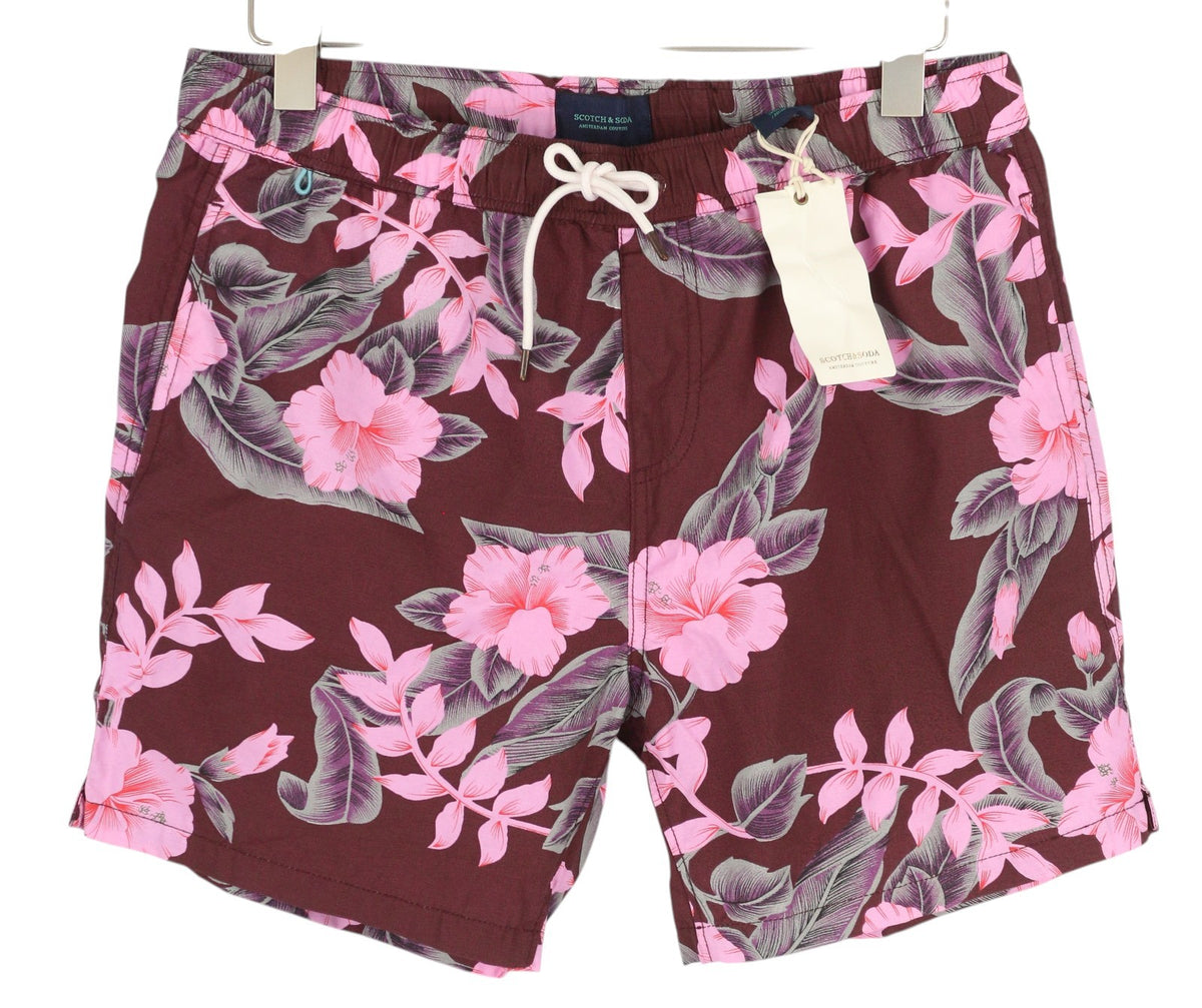 SCOTCH & SODA Men's Swim Shorts L Burgundy Floral Print Elastic Mesh Lined