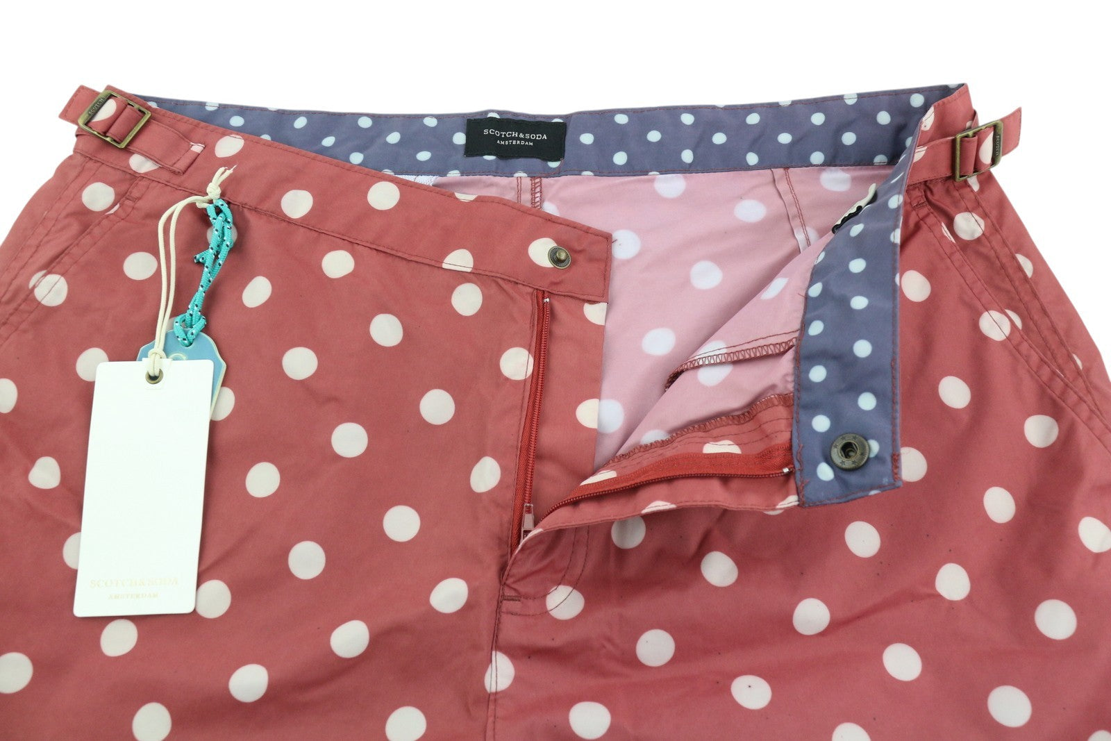 SCOTCH & SODA Men's Swim Shorts W34 Dark Red Polka Dot Zip Fly Pocket Logo