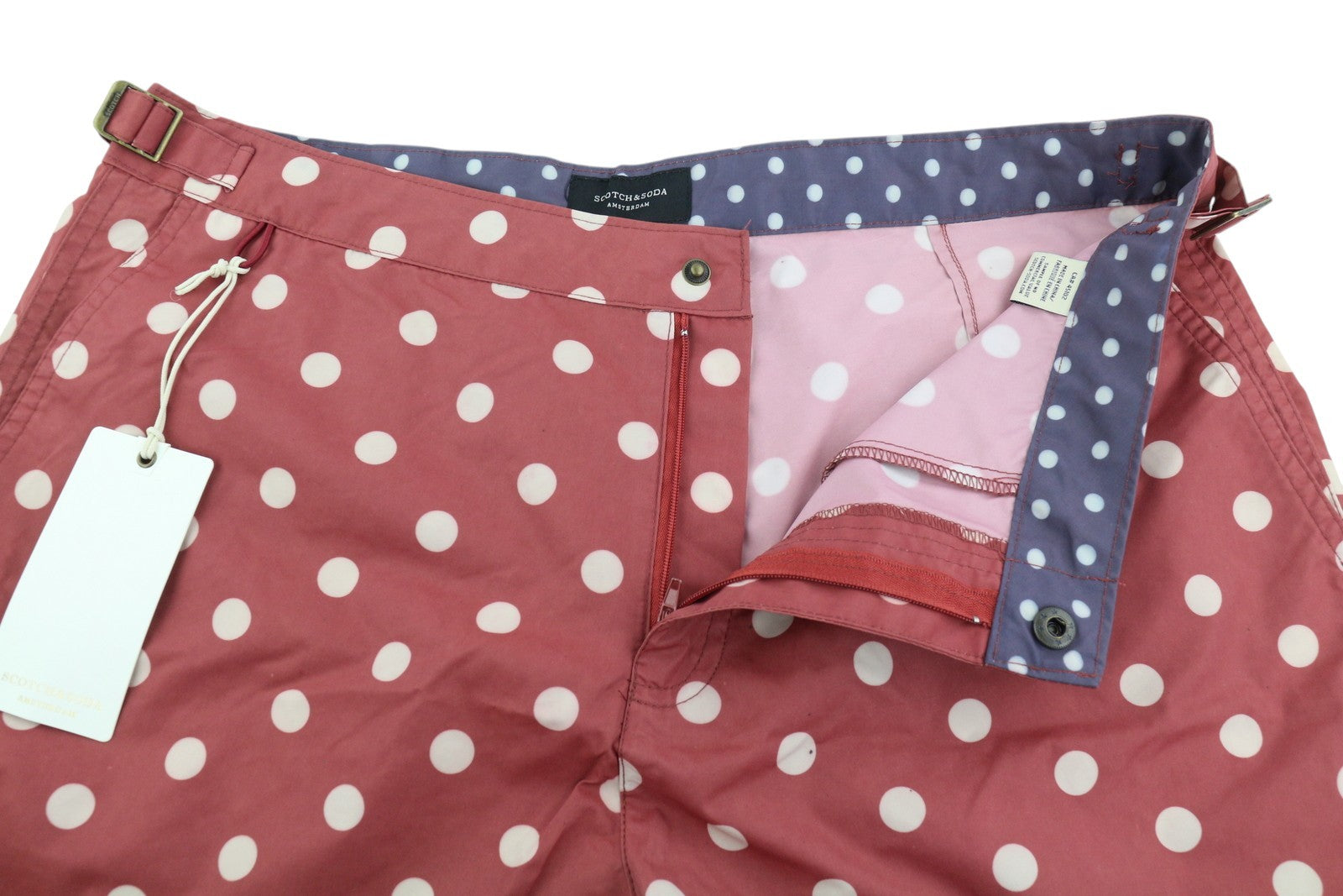 SCOTCH & SODA Men's Swimwear W32 Dark Red Polka Dot Zip Fly Logo Pockets