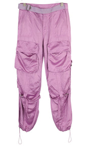 DIESEL Women's Trousers W30 Pink Satin Cargo Shiny Belted Patch Pockets