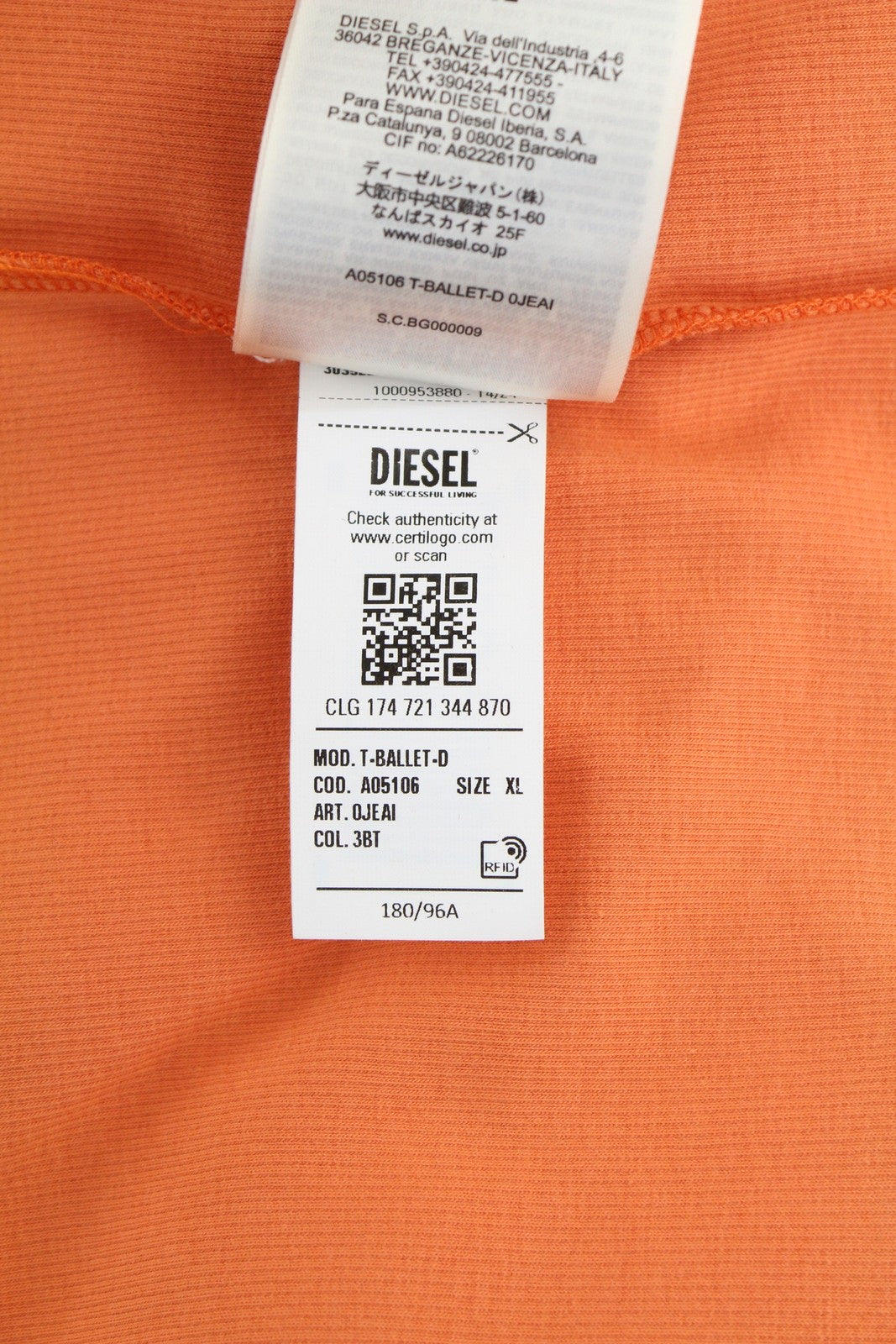 DIESEL T-Ballet-D Women's T-Shirt XL Orange Cropped Long Sleeve Stretch