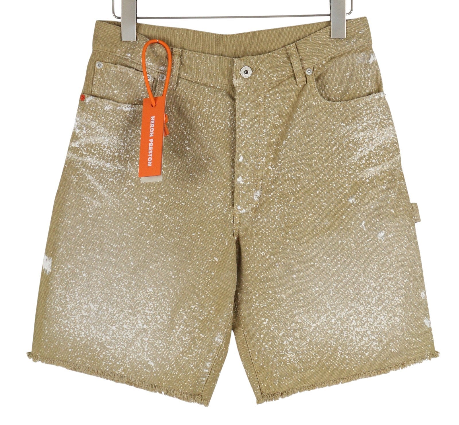 HERON PRESTON Men's Shorts M Beige Denim Distressed Painted Button Fly Logo