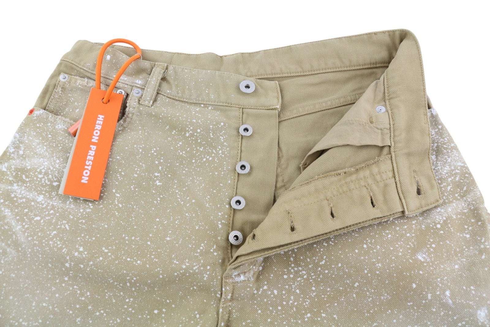 HERON PRESTON Men's Shorts M Beige Denim Distressed Painted Button Fly Logo