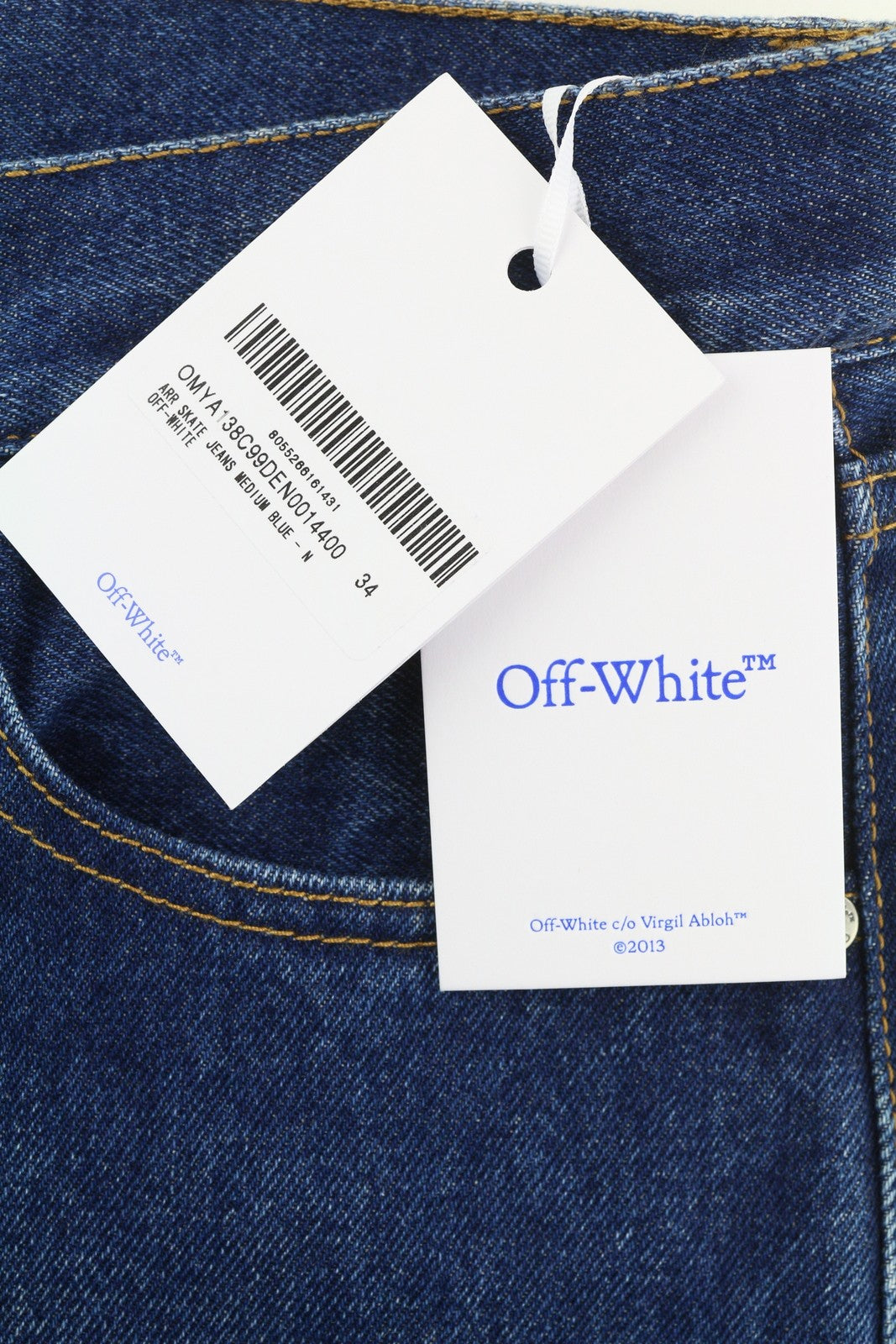 OFF-WHITE Arr Skate Men's Jeans W34 Washed Blue Denim Regular Button Fly Logo