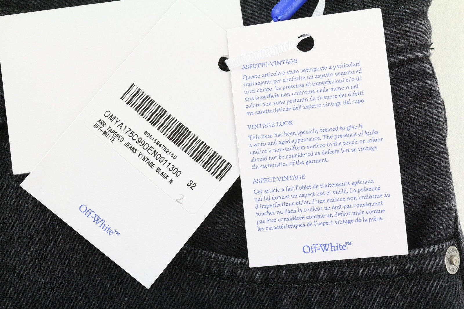 OFF-WHITE Arr Taper Men's Jeans W32 Black Washed Denim Button Fly Casual Logo