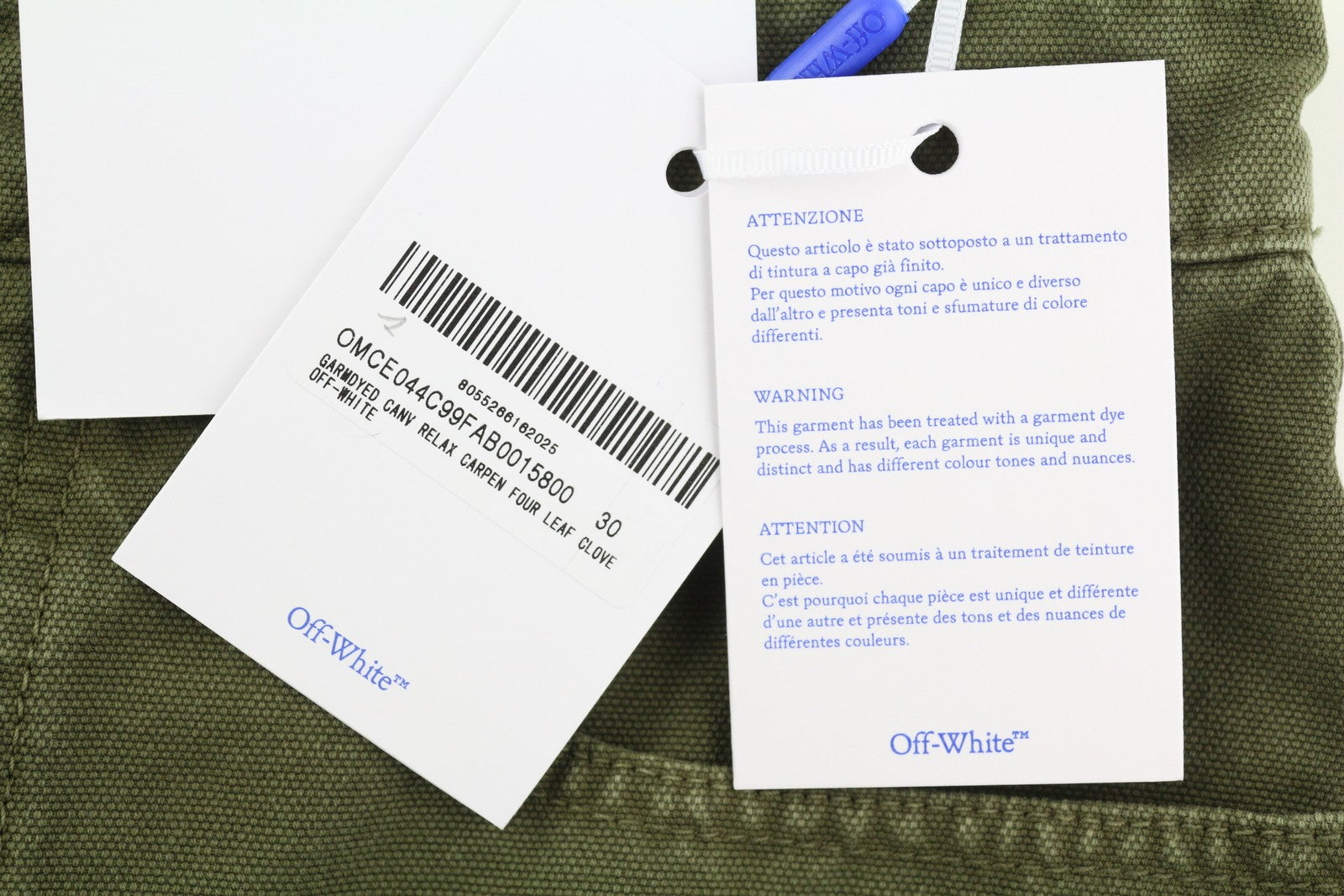 OFF-WHITE Garment Dyed Canvas Relax Men's Jeans W30 Green Straight Strap RRP799