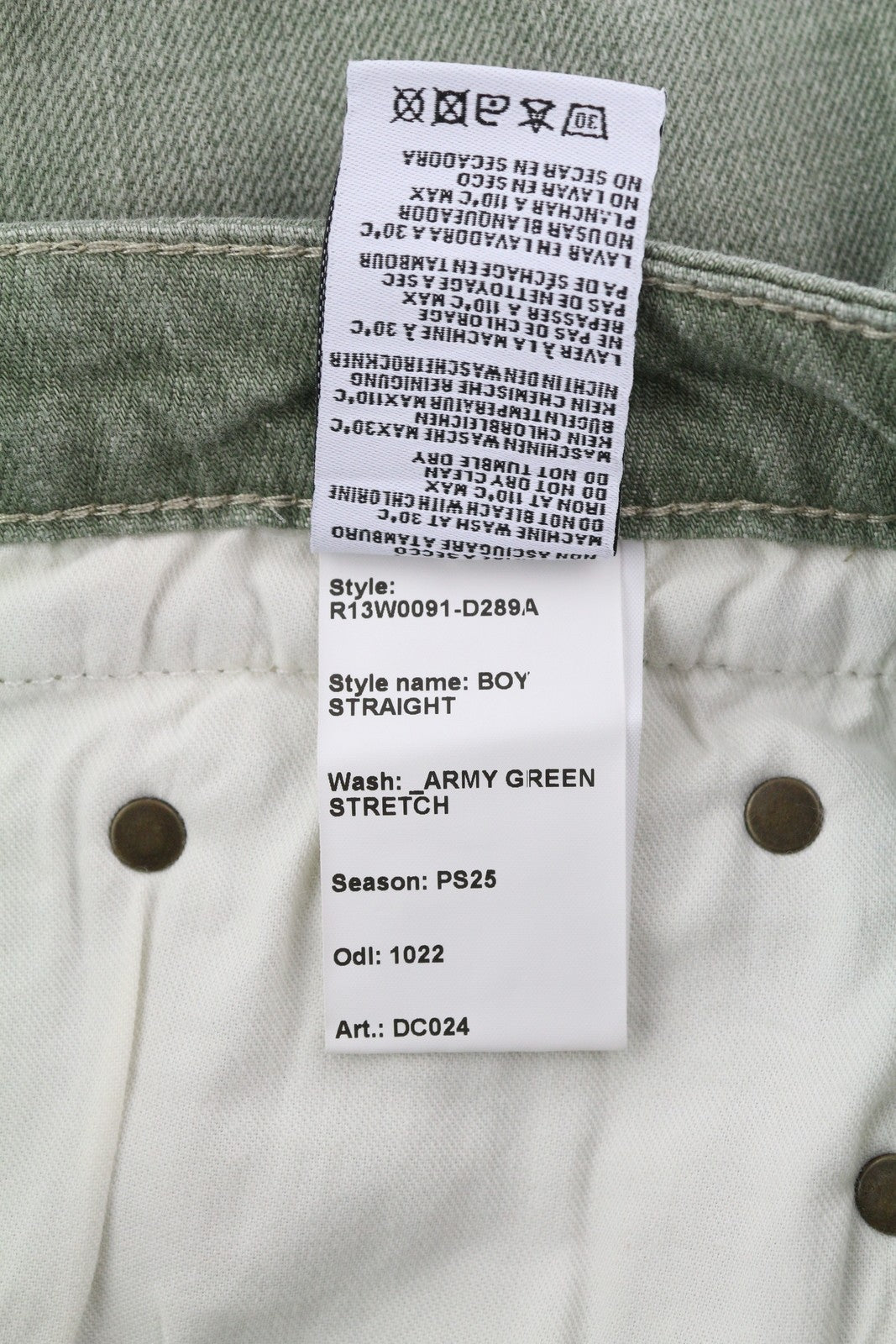 R13 Boy Straight Women Jeans 30 Army Green Stretch Cropped Slim Straight RRP695