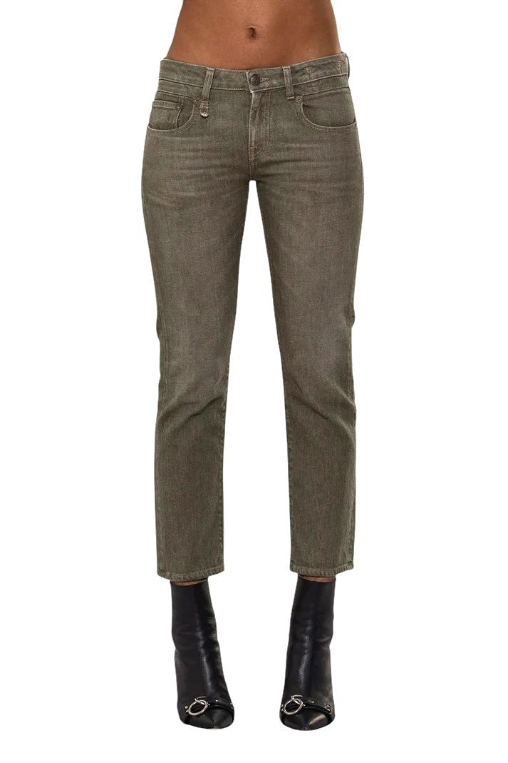 R13 Boy Straight Women Jeans 31 Slim Straight Cropped Army Green Stretch RRP695