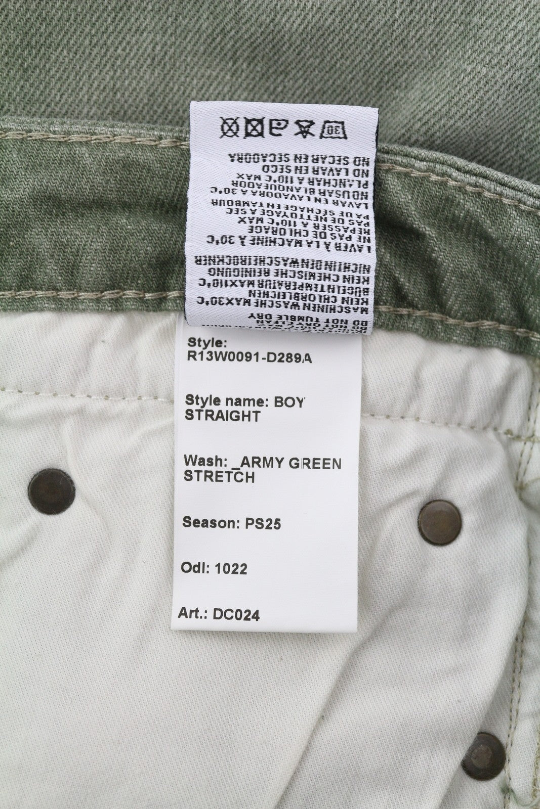 R13 Boy Straight Women Jeans 31 Slim Straight Cropped Army Green Stretch RRP695