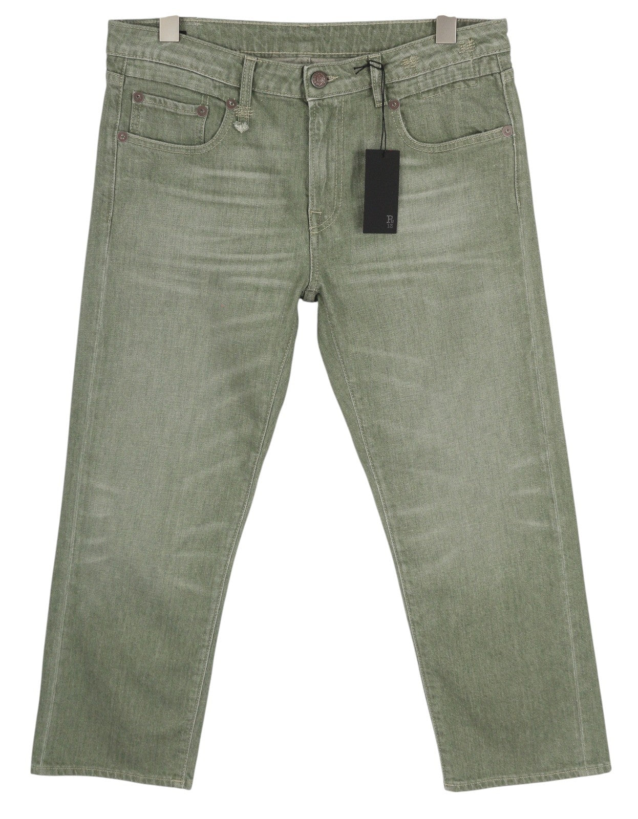 R13 Boy Straight Women Jeans 31 Slim Straight Cropped Army Green Stretch RRP695