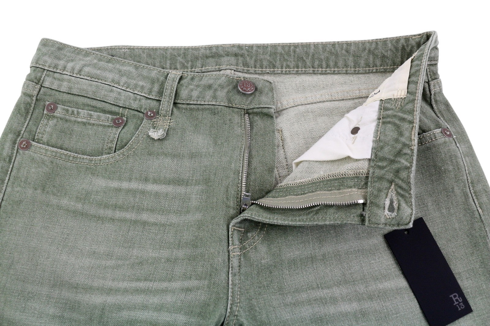 R13 Boy Straight Women Jeans 31 Slim Straight Cropped Army Green Stretch RRP695