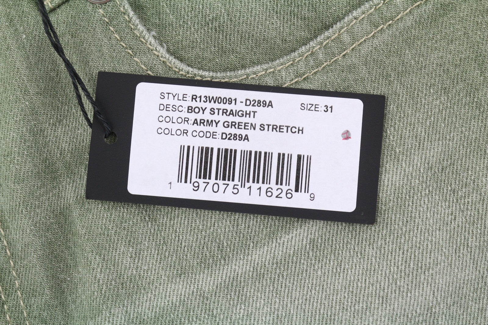 R13 Boy Straight Women Jeans 31 Slim Straight Cropped Army Green Stretch RRP695