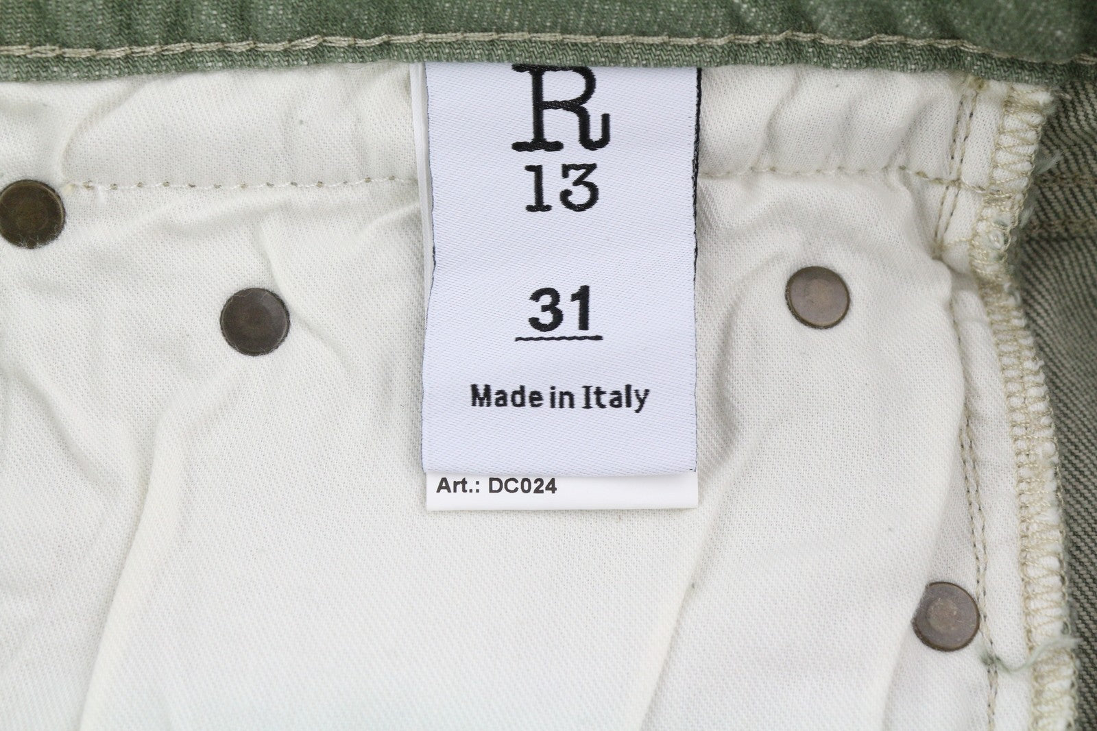 R13 Boy Straight Women Jeans 31 Slim Straight Cropped Army Green Stretch RRP695