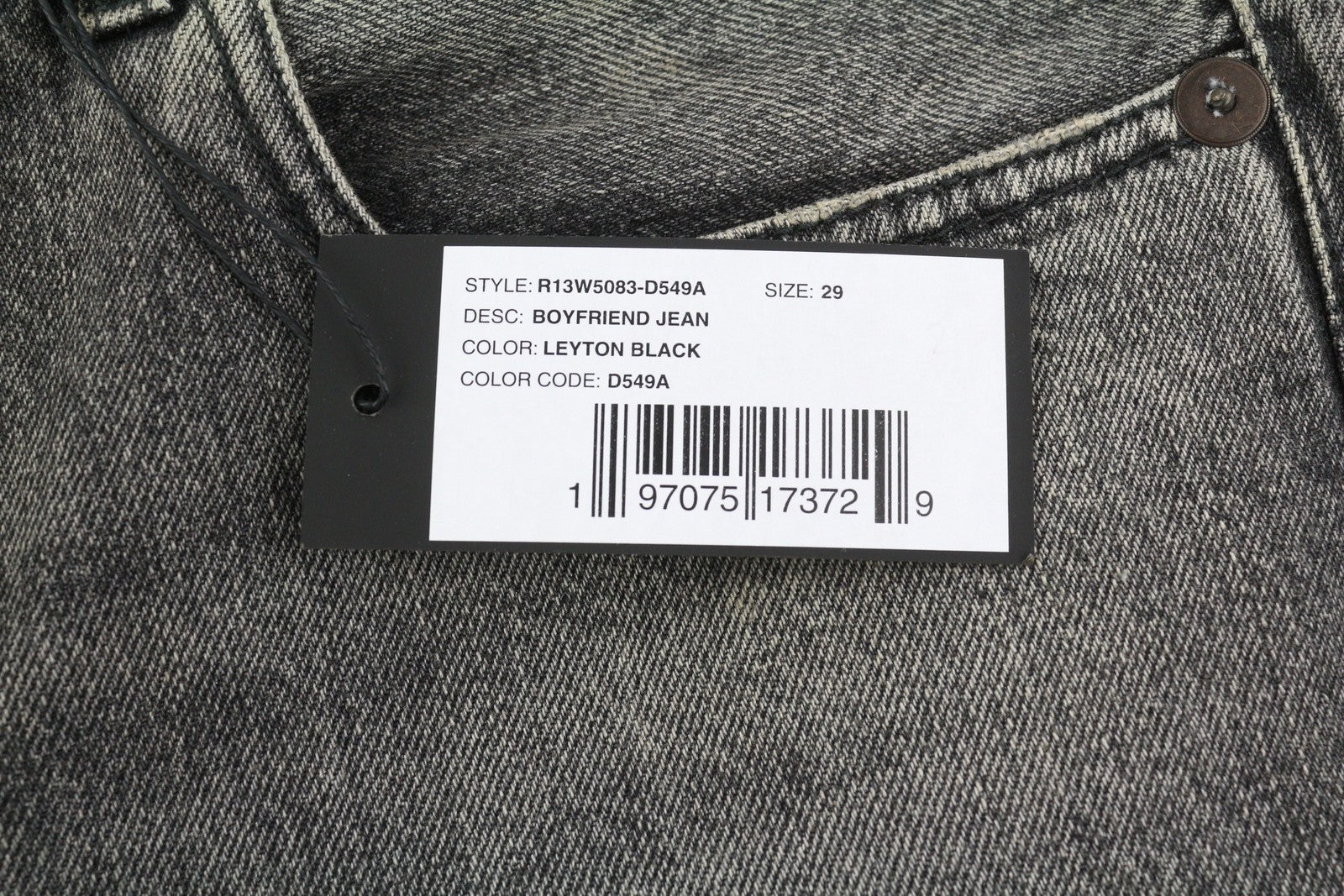 R13 Boyfriend Women's Jeans 29 Straight Zip Fly Washed Leyton Black Denim