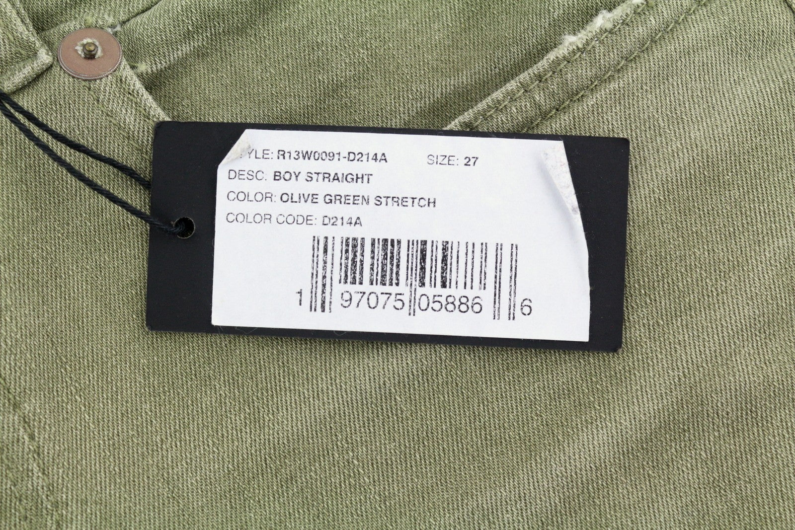 R13 Boy Straight Women's Jeans 27 Olive Green Stretch Cropped Ankle RRP695