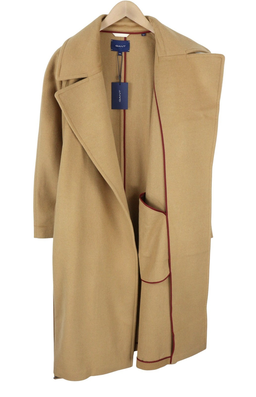 GANT Wool Blend Belted Women Coat 2XL Warm Khaki Notch Lapel Mid-Length RRP825