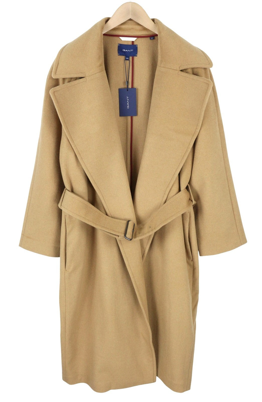 GANT Wool Blend Belted Women Coat 2XL Warm Khaki Notch Lapel Mid-Length RRP825