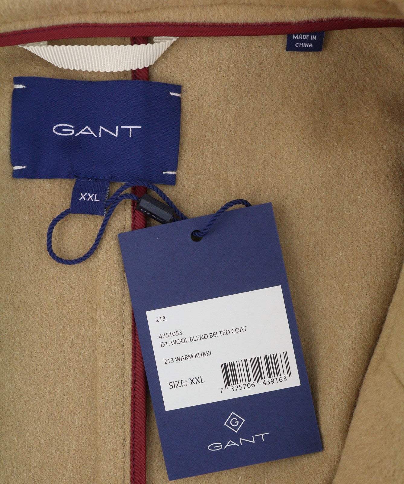 GANT Wool Blend Belted Women Coat 2XL Warm Khaki Notch Lapel Mid-Length RRP825