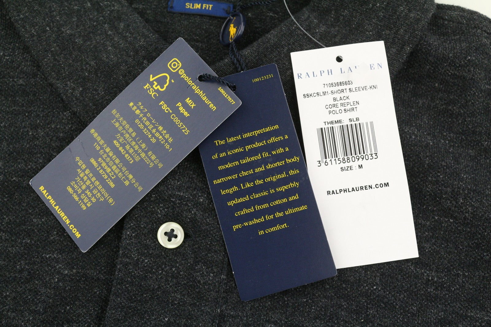 RALPH LAUREN Men's Polo M Black Slim Fit Washed Look Short Sleeve