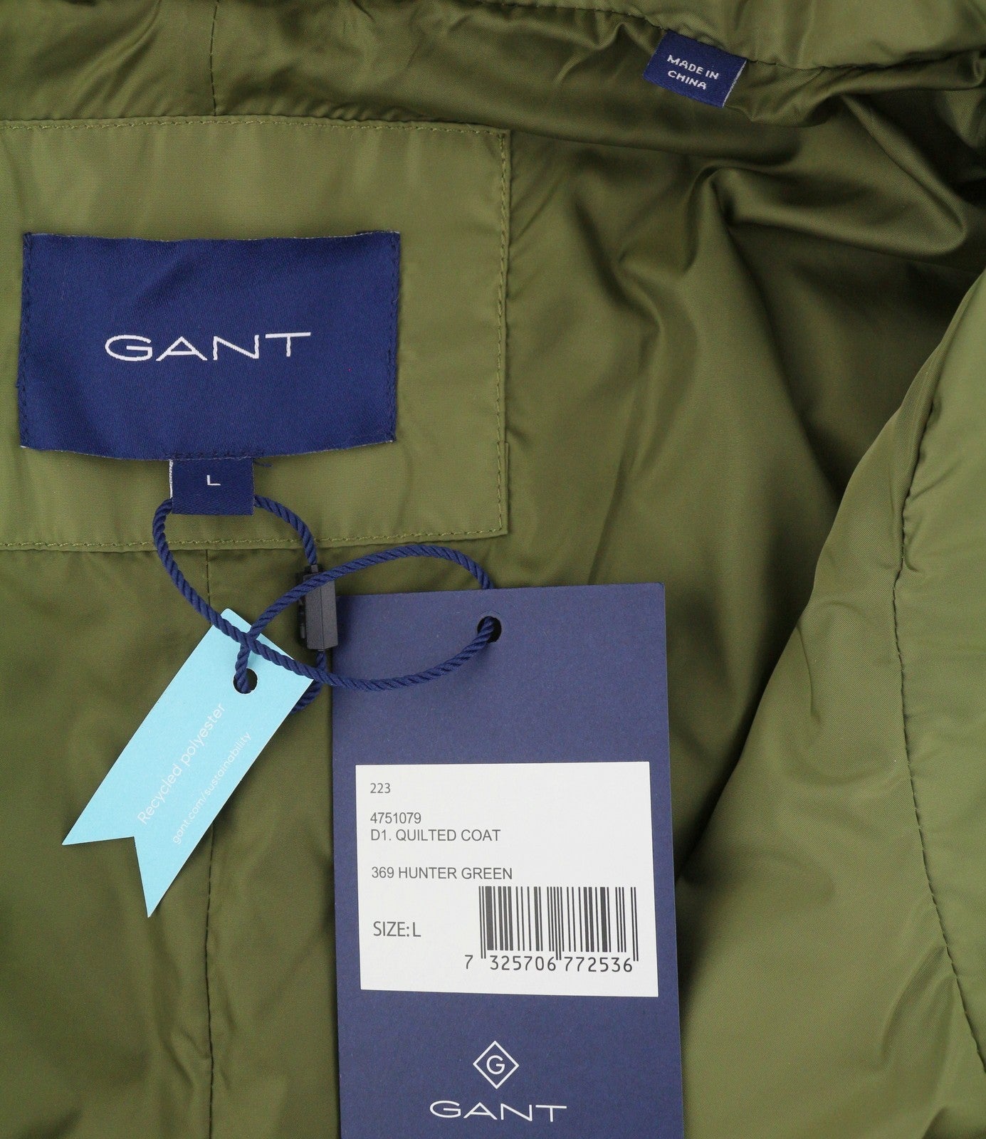 GANT Quilted Women Jacket L Hunter Green Padded Quilted Belted Snap Mid-Length