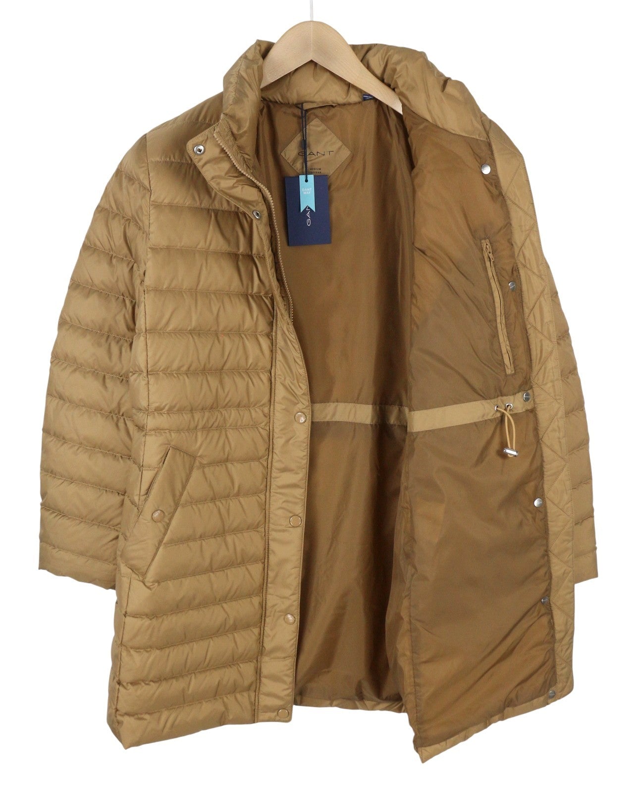 GANT Light Down Women Jacket M Warm Khaki Quilted High Neck Full Zip Mid-Length