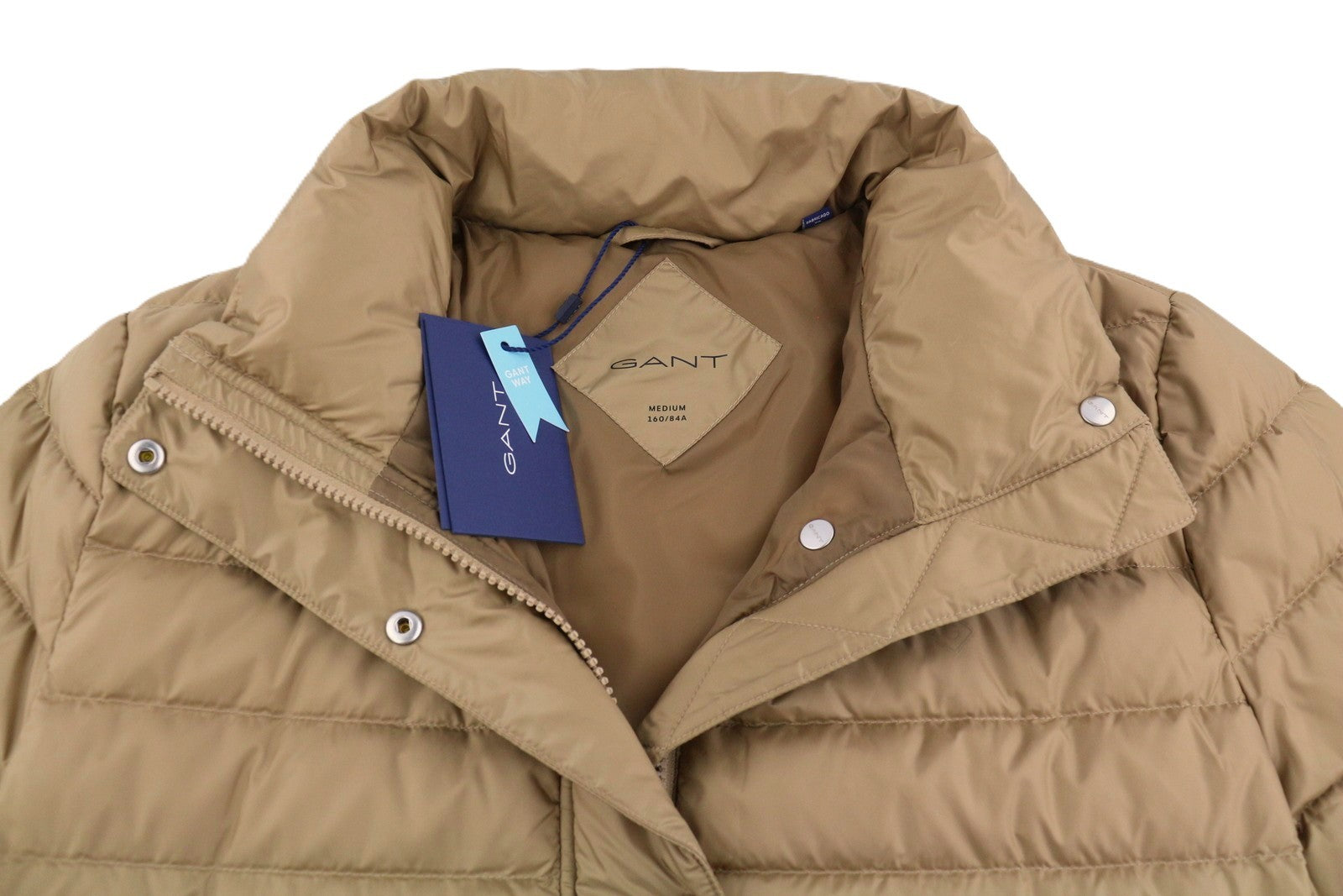 GANT Light Down Women Jacket M Warm Khaki Quilted High Neck Full Zip Mid-Length