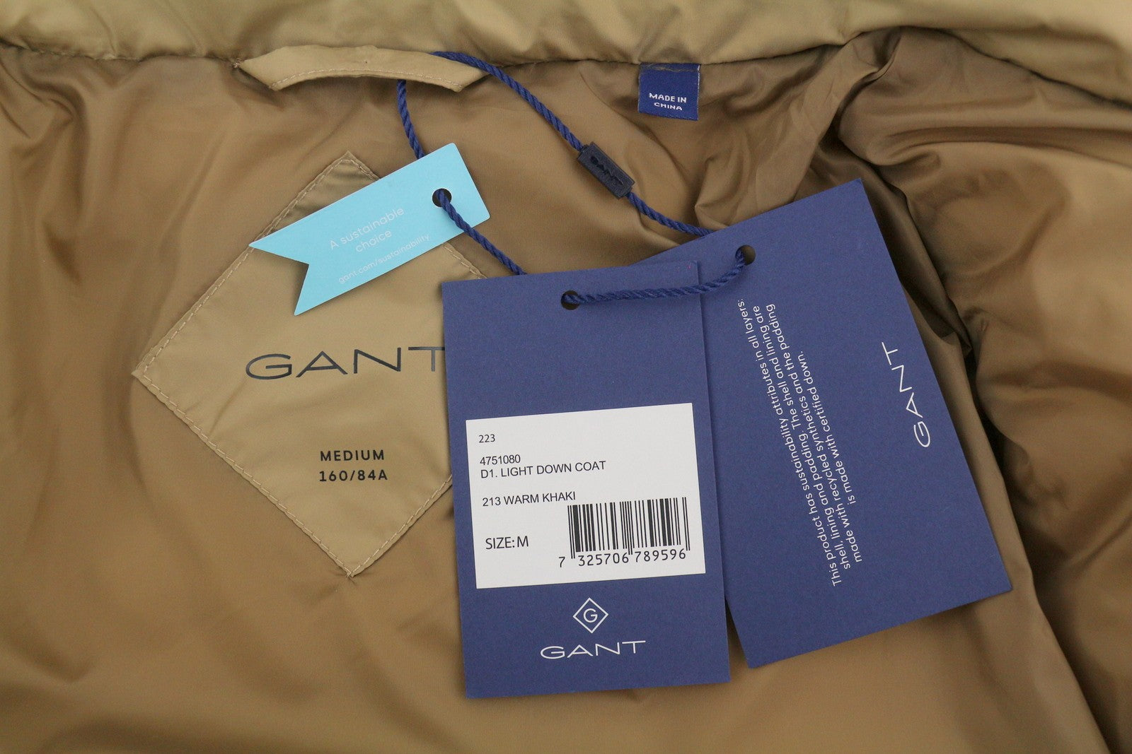 GANT Light Down Women Jacket M Warm Khaki Quilted High Neck Full Zip Mid-Length