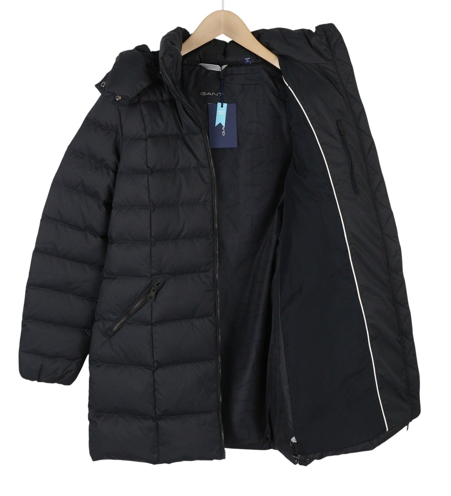 GANT Classic Down Long Women Jacket M Black Quilted Hooded Mid-Length