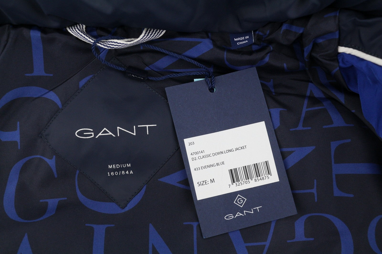 GANT Classic Down Long Women Jacket M Evening Blue Quilted Hooded Mid-Length