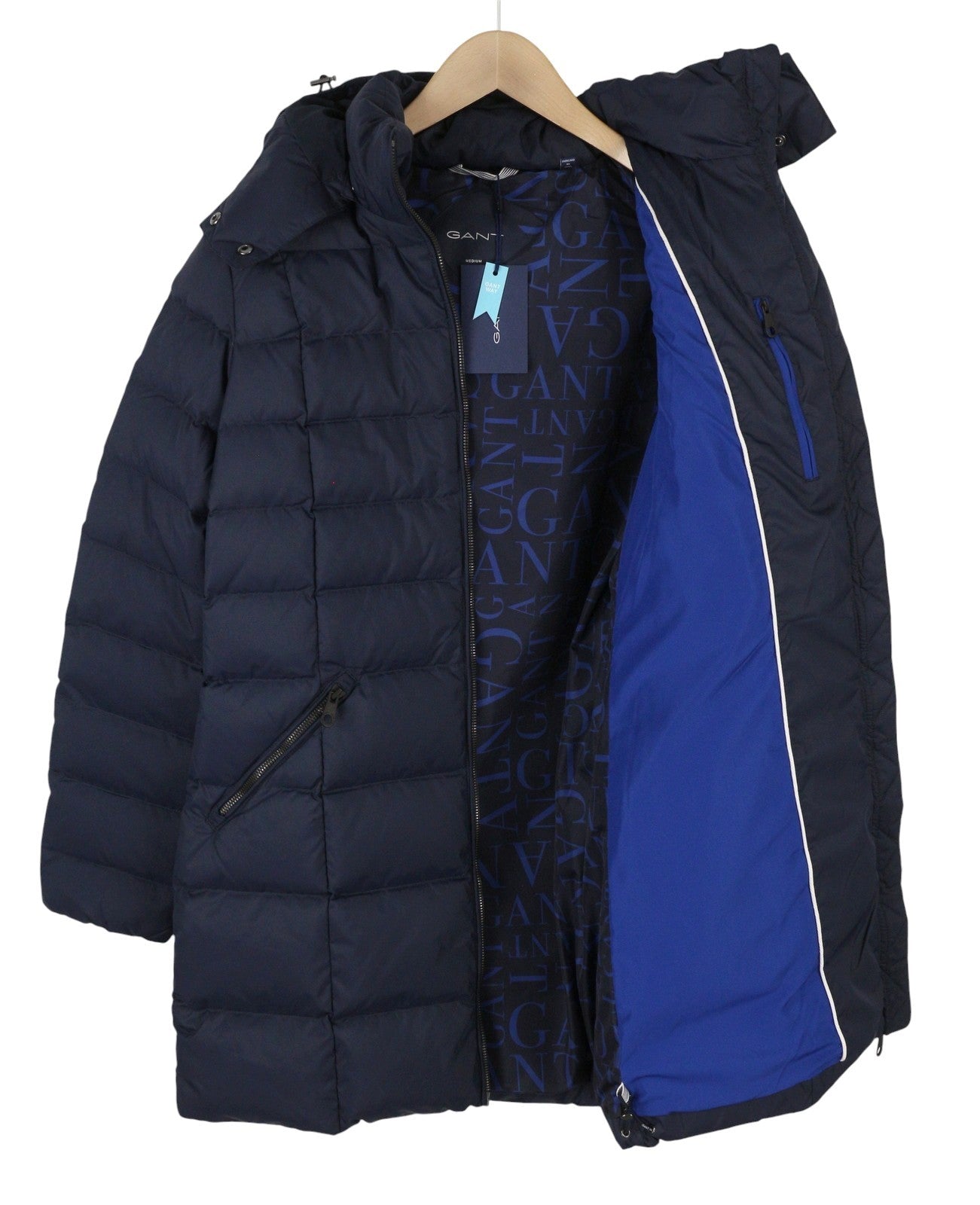 GANT Classic Down Long Women Jacket M Evening Blue Quilted Hooded Mid-Length
