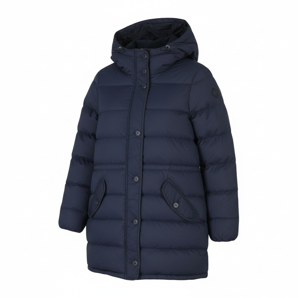 GANT Long Down Women Jacket XS Evening Blue Quilted Hooded Mid-Length