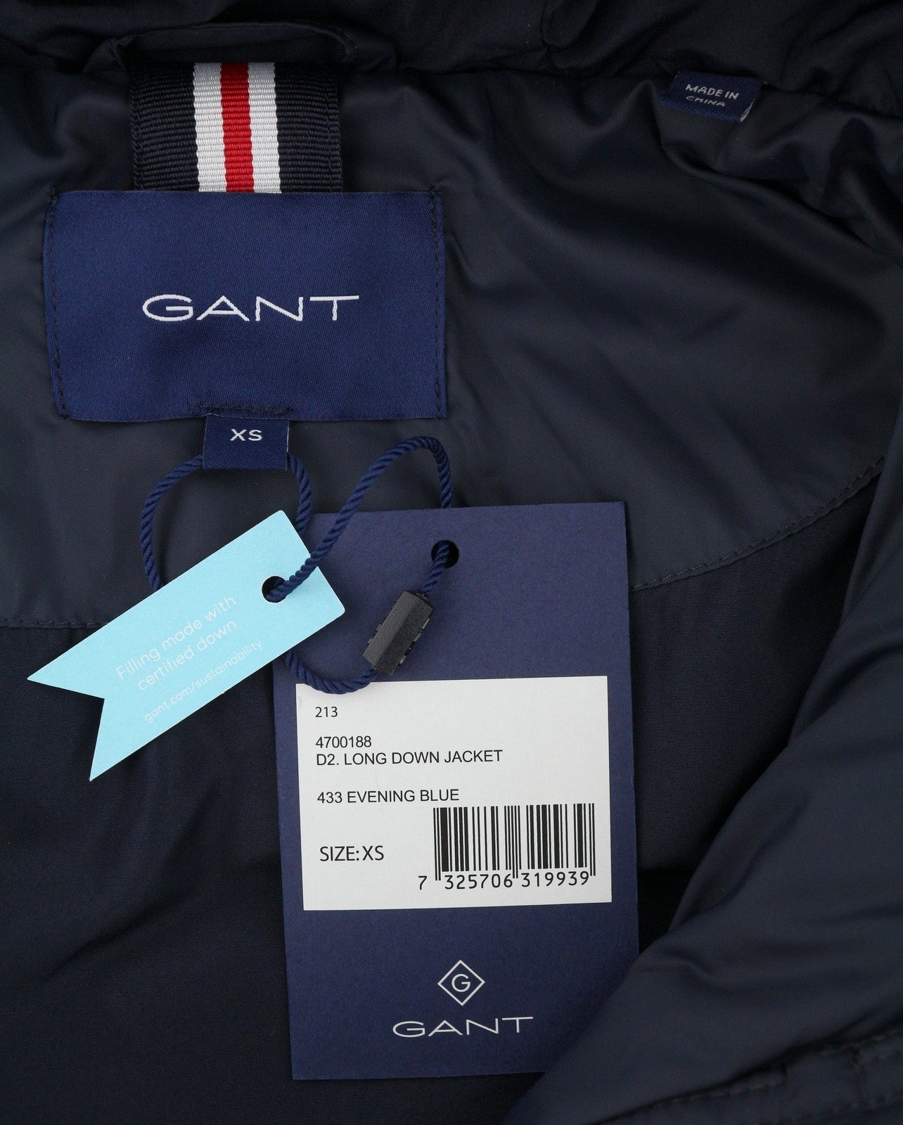 GANT Long Down Women Jacket XS Evening Blue Quilted Hooded Mid-Length