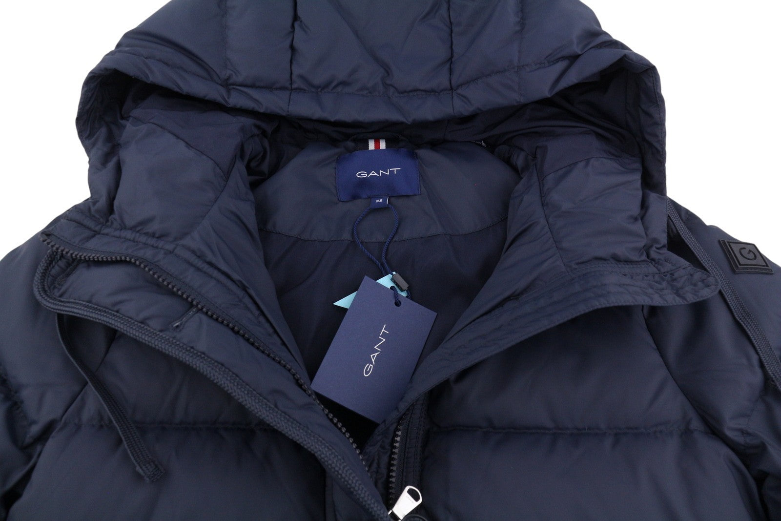 GANT Long Down Women Jacket XS Evening Blue Quilted Hooded Mid-Length