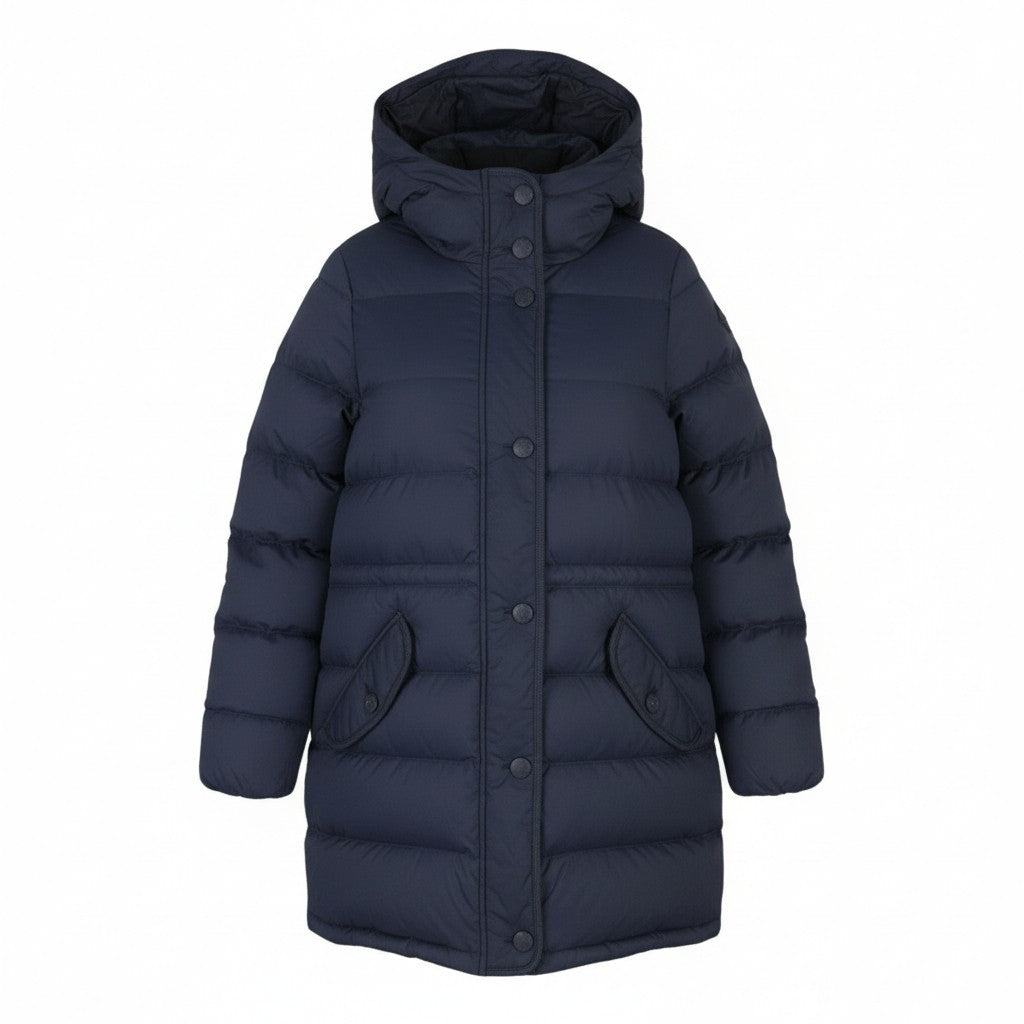 GANT Long Down Women Jacket L Evening Blue Quilted Hooded Mid-Length