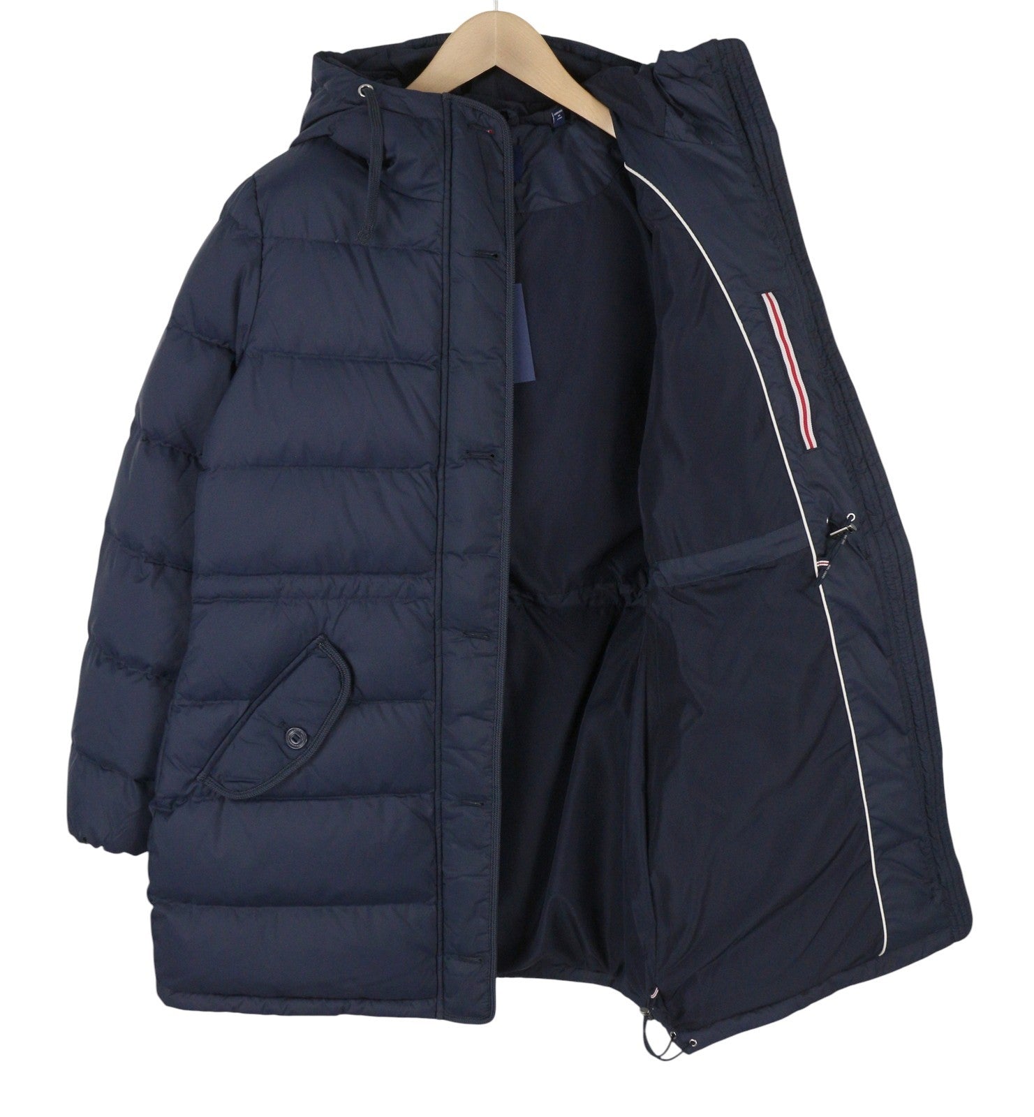 GANT Long Down Women Jacket L Evening Blue Quilted Hooded Mid-Length