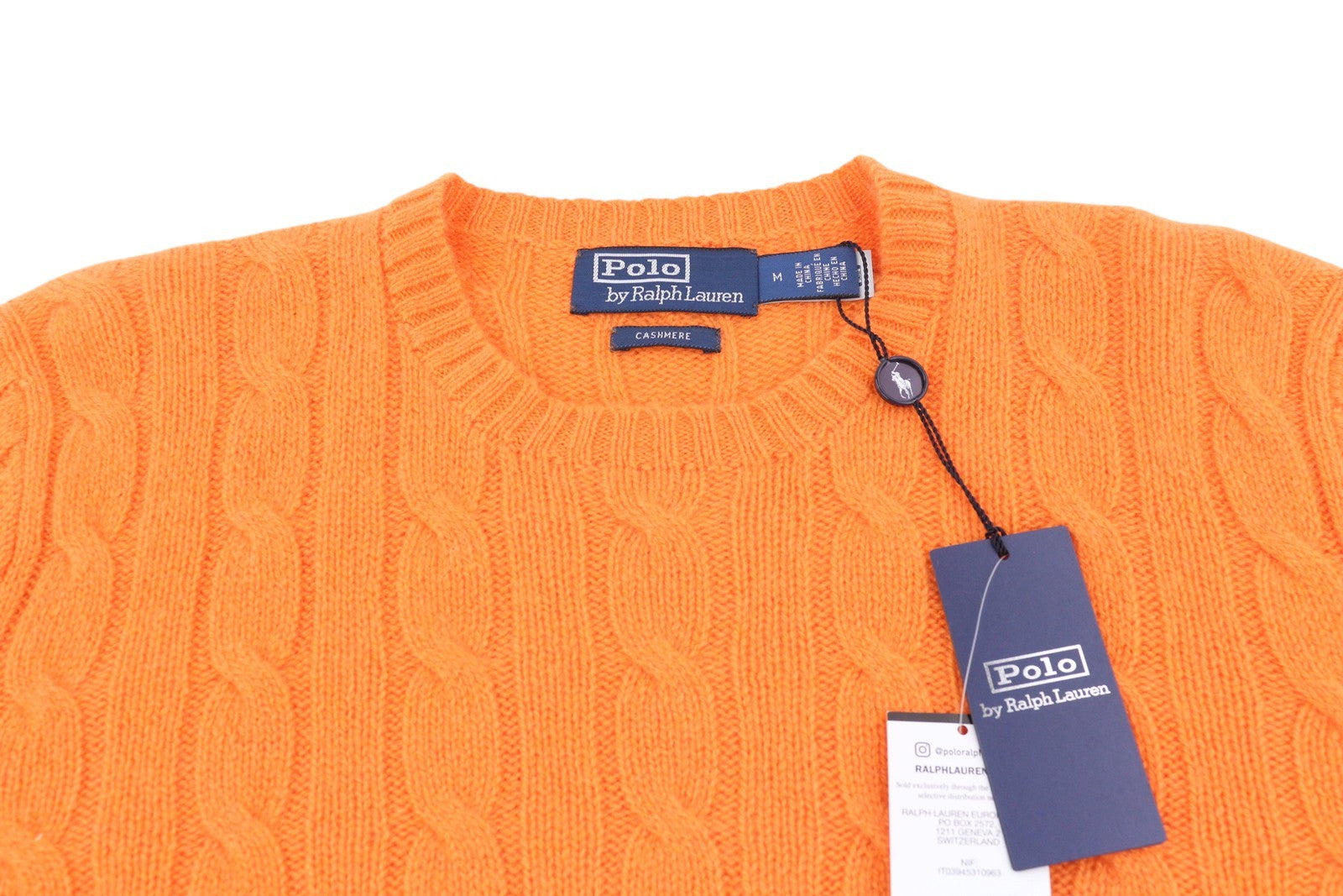 RALPH LAUREN Men's Jumper M Orange Cashmere Cable Knit Logo RRP549