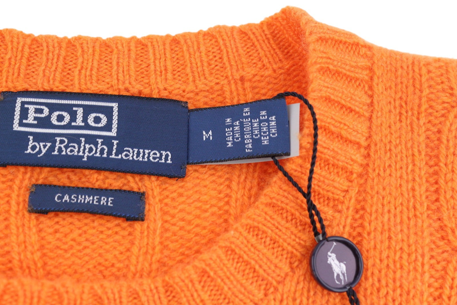 RALPH LAUREN Men's Jumper M Orange Cashmere Cable Knit Logo RRP549