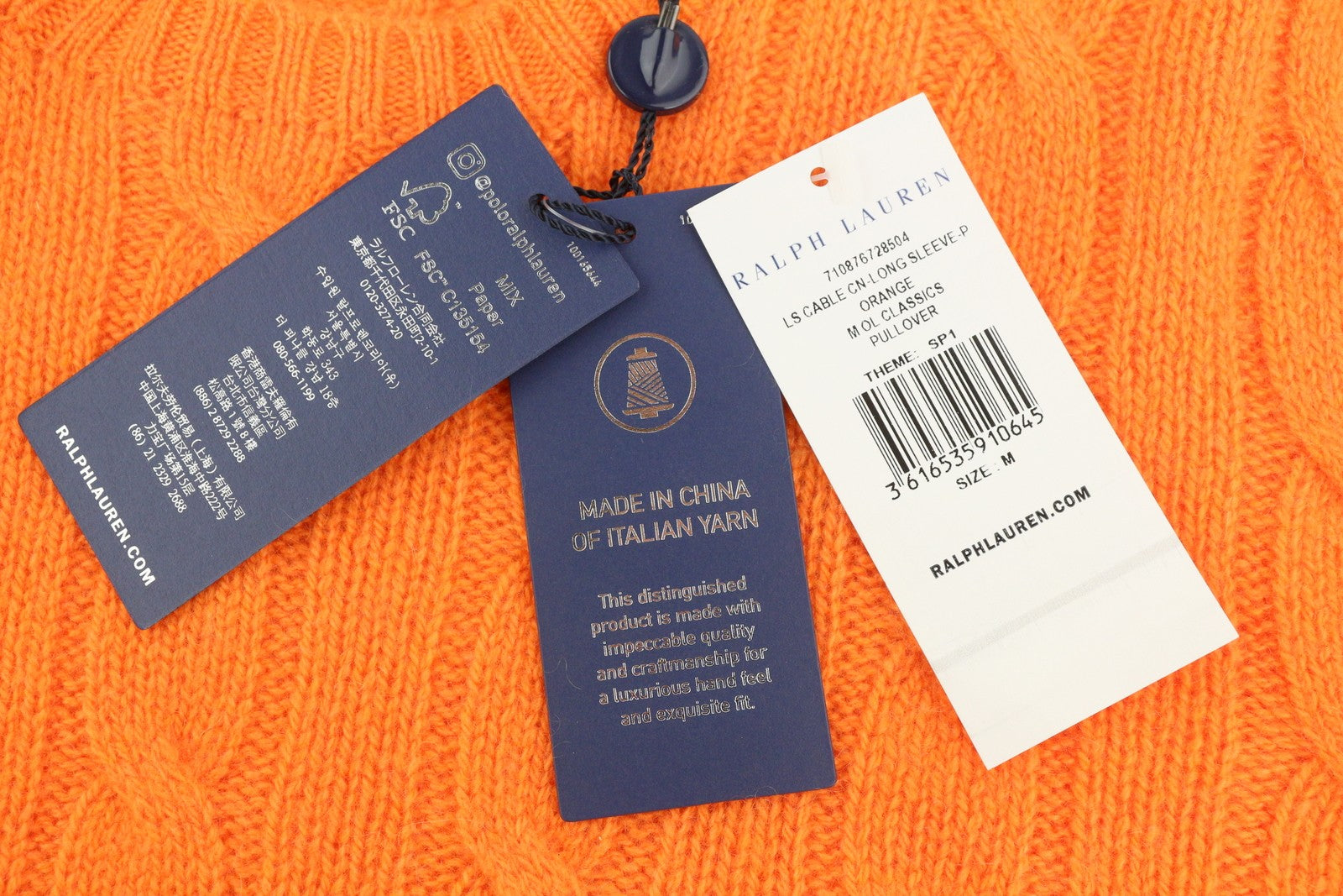 RALPH LAUREN Men's Jumper M Orange Cashmere Cable Knit Logo RRP549
