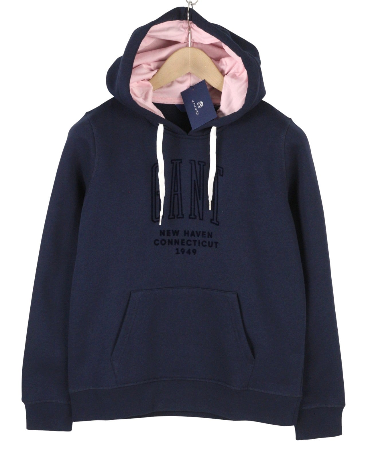 GANT New Haven Women Hoodie M Dark Blue Front Logo Kangaroo Pocket Pull On