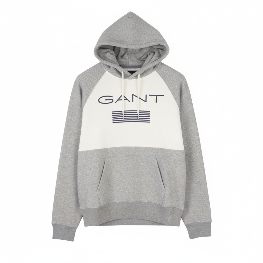 GANT Stripe Sweat Men Hoodie L Grey Melange Kangaroo Pocket Front Logo Pull On