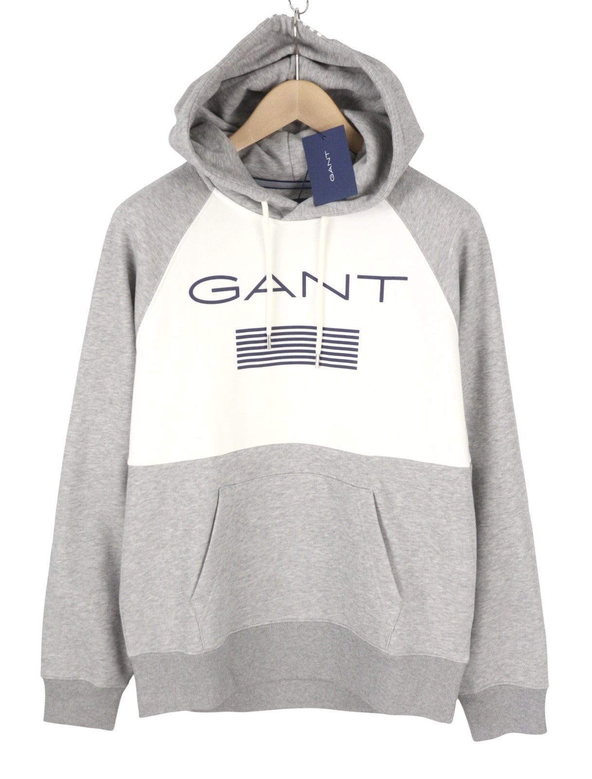 GANT Stripe Sweat Men Hoodie L Grey Melange Kangaroo Pocket Front Logo Pull On