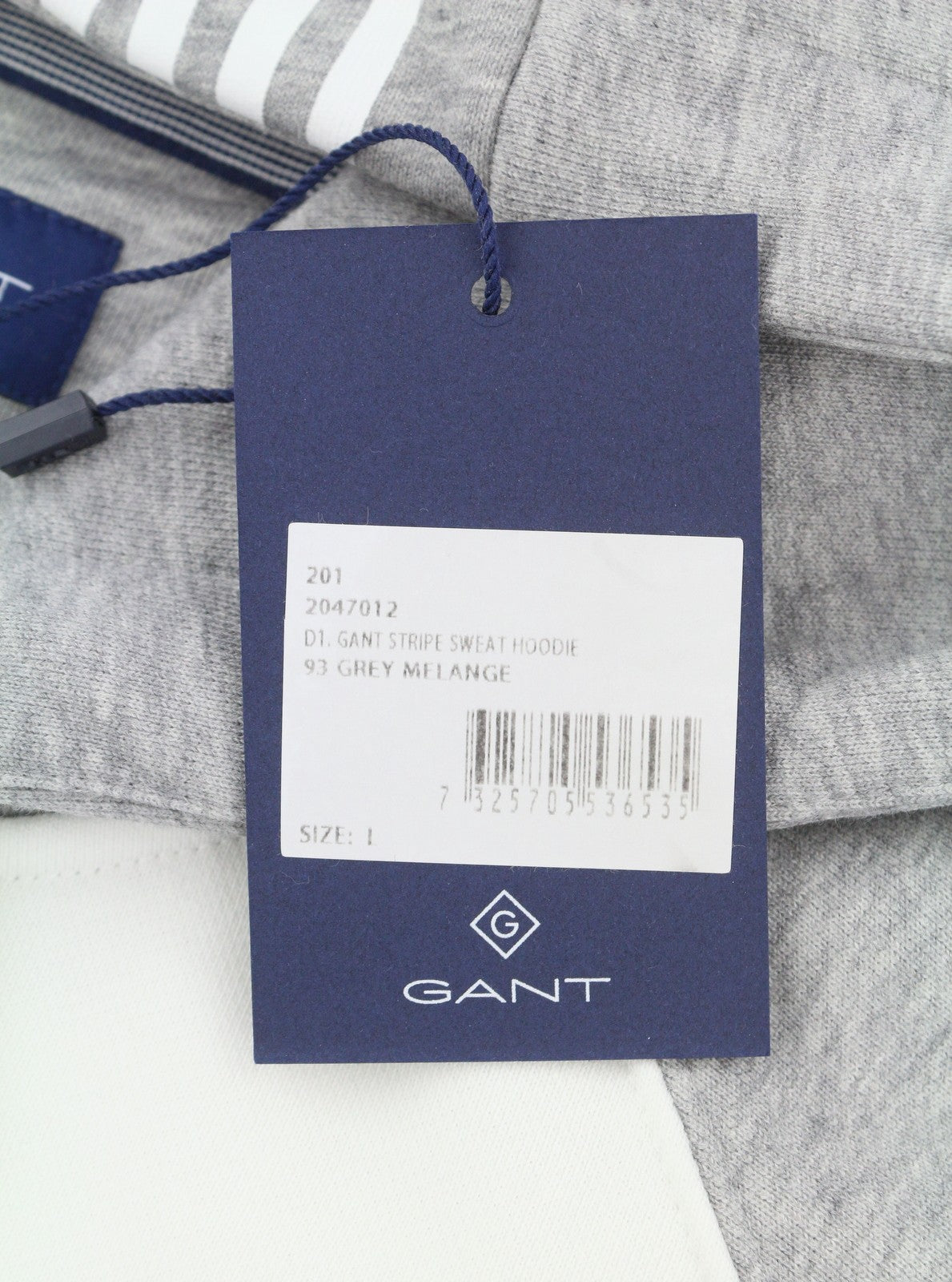 GANT Stripe Sweat Men Hoodie L Grey Melange Kangaroo Pocket Front Logo Pull On