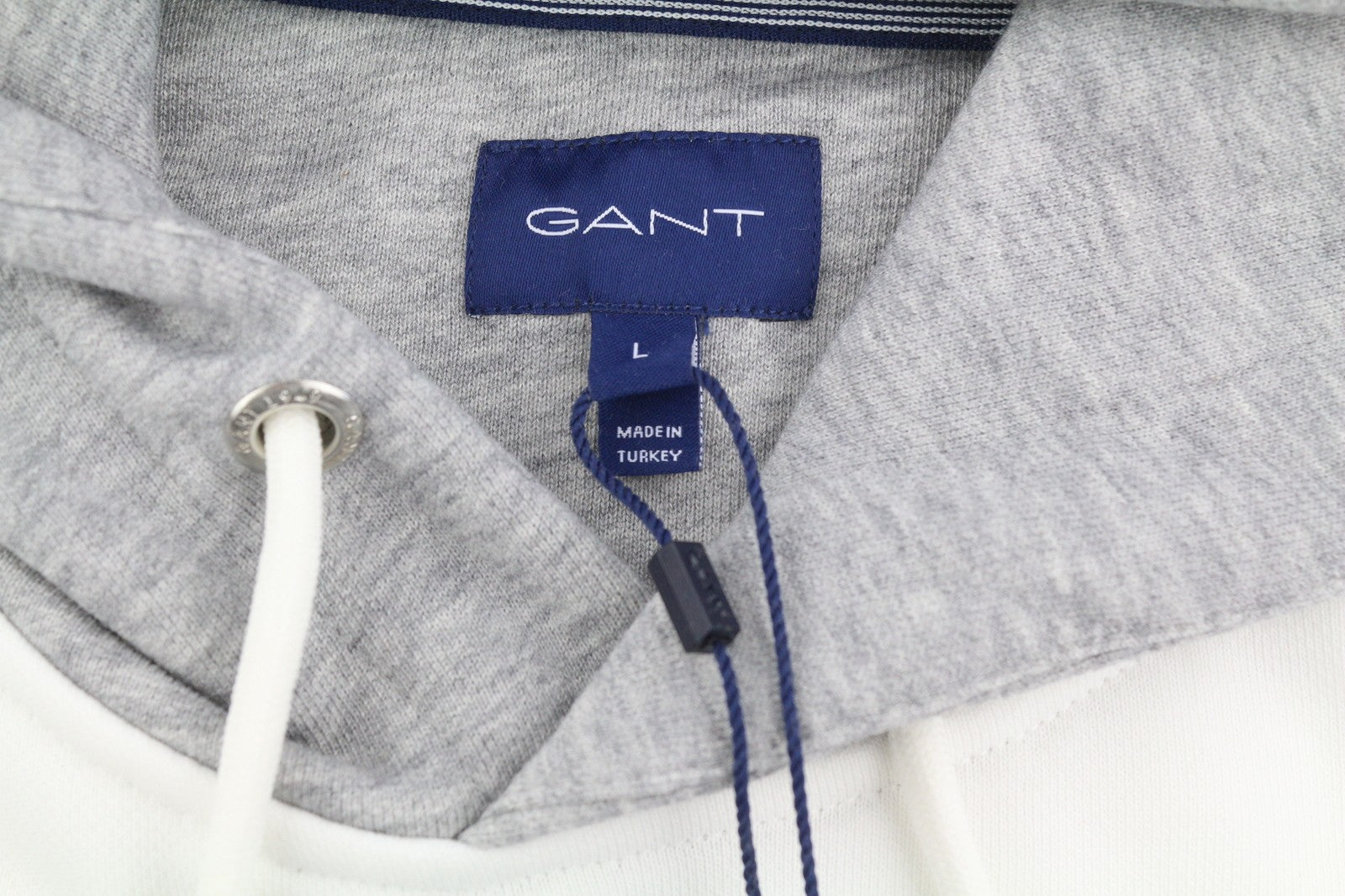 GANT Stripe Sweat Men Hoodie L Grey Melange Kangaroo Pocket Front Logo Pull On