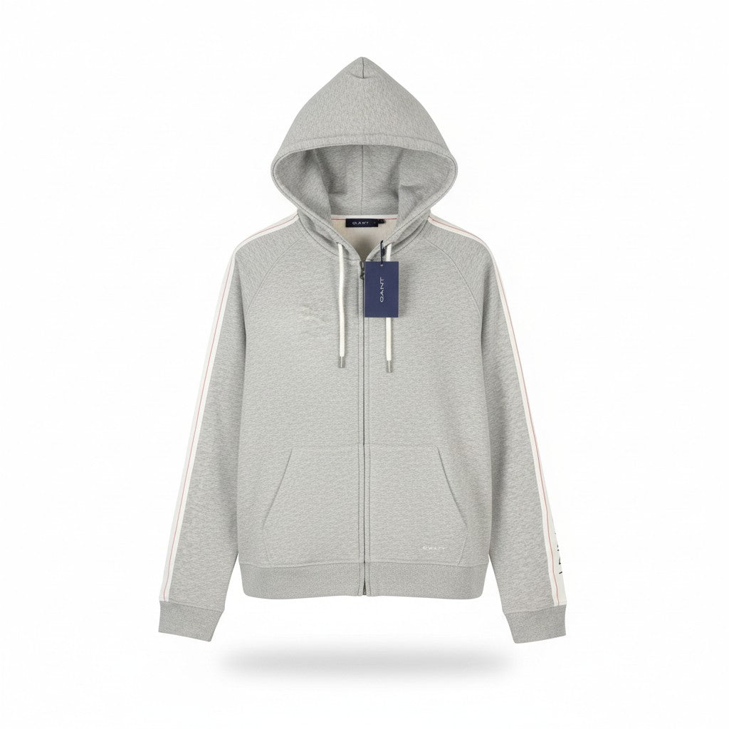 GANT Archive Sweat Zip Hood Women Hoodie XL Light Grey Melange Pockets Side Logo