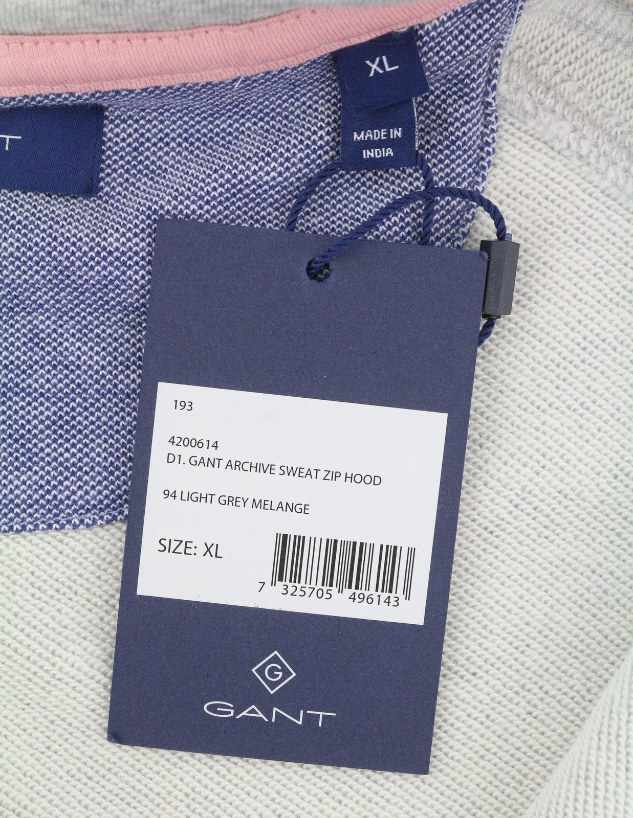 GANT Archive Sweat Zip Hood Women Hoodie XL Light Grey Melange Pockets Side Logo