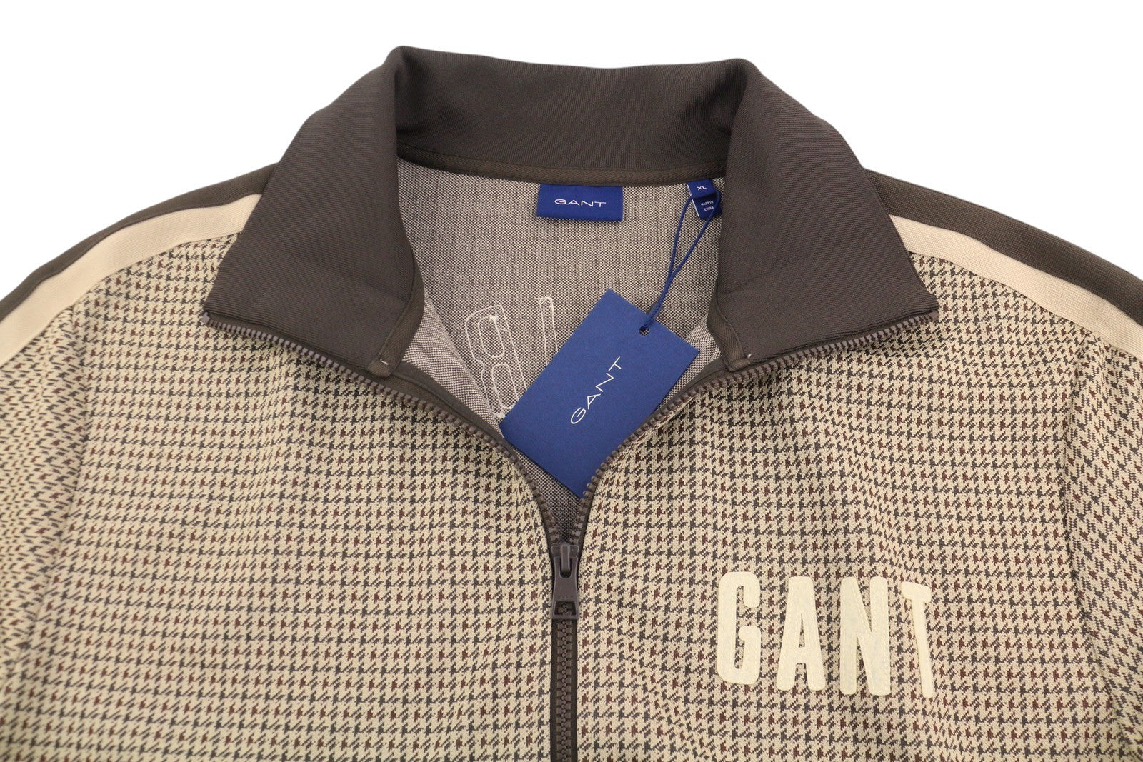 GANT Houndstooth Men Sweatshirt XL Chocolate Brown High Neck Full Zip RRP180